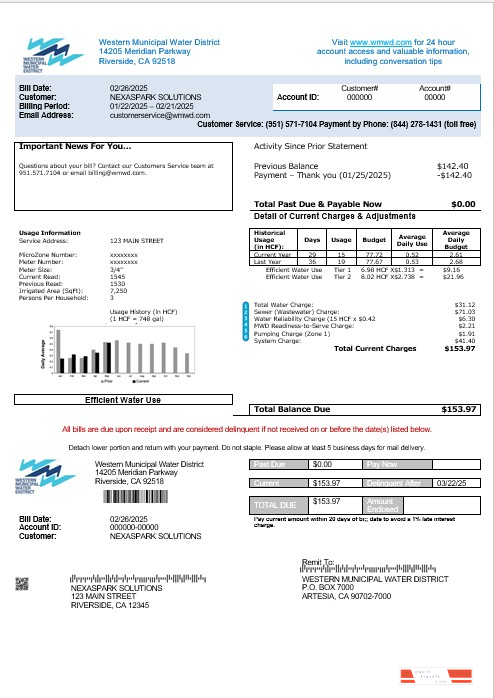 USA Western Municipal Water District business utility bill template in Word and PDF formats